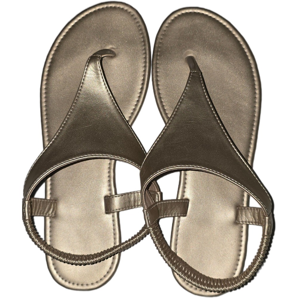 Metallic Gold Flat Thong Sandal Elastic Slingback T-Strap Summer Shoe Sz 40, 9